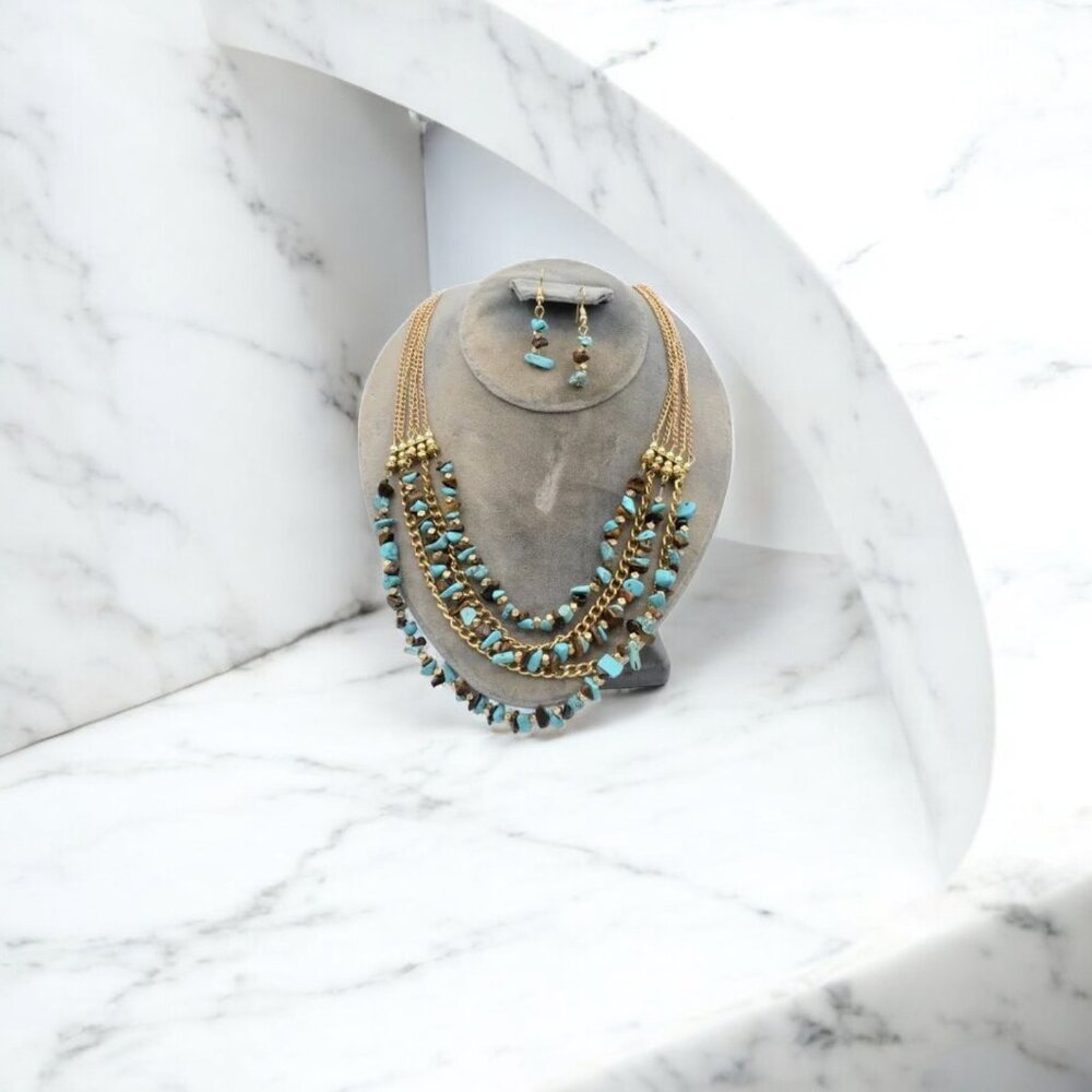 NWOT Cruise Club Turquoise & Tiger Eye Necklace & Earring Set